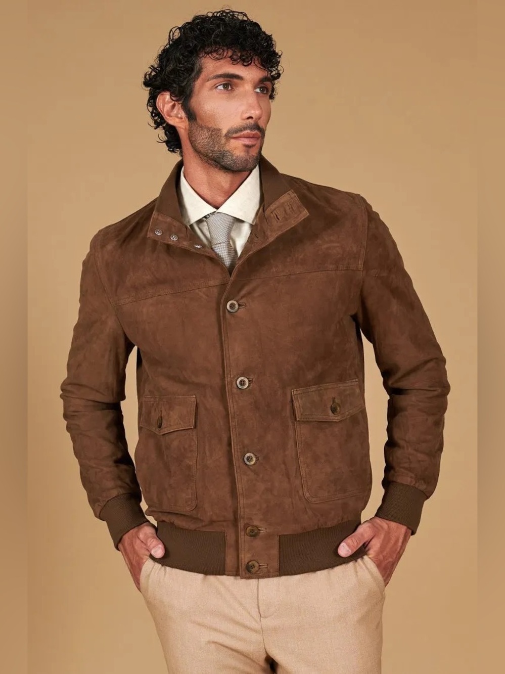 Romano Firenze Men's Brown Genuine Suede Leather Bomber Jacket Size 52